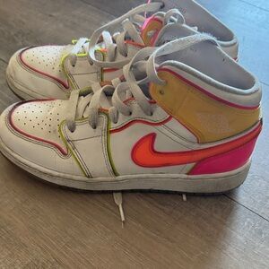 Nike Kids White High-Top Sneakers with Neon Pink, Orange & Yellow Accents